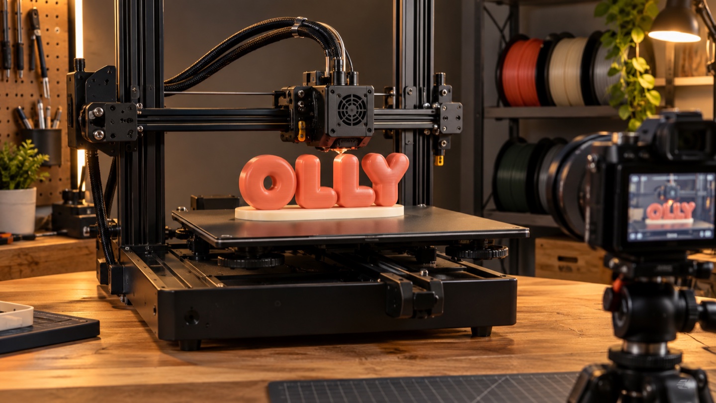 A camera filming personalised OLLY bubble letters being 3D printed