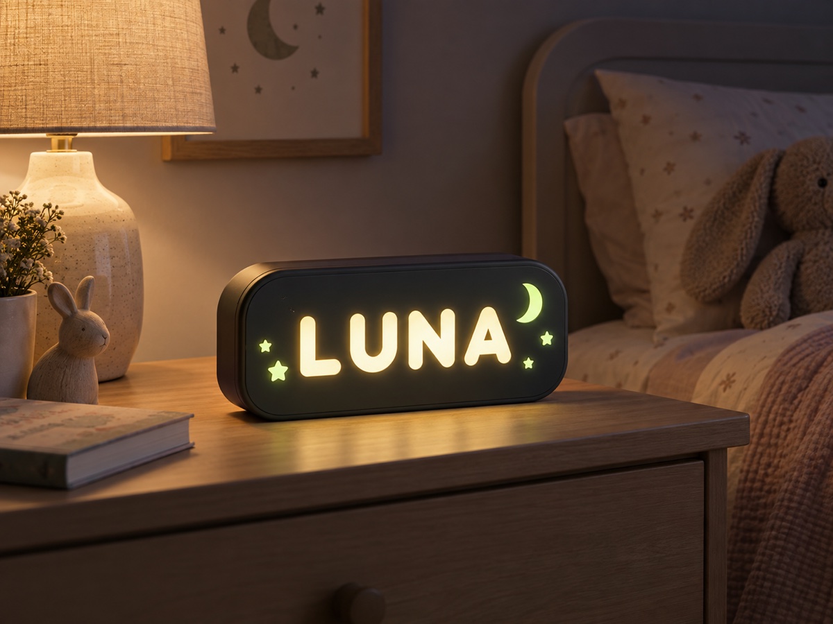 An illuminated LUNA name light on a child’s bedside table